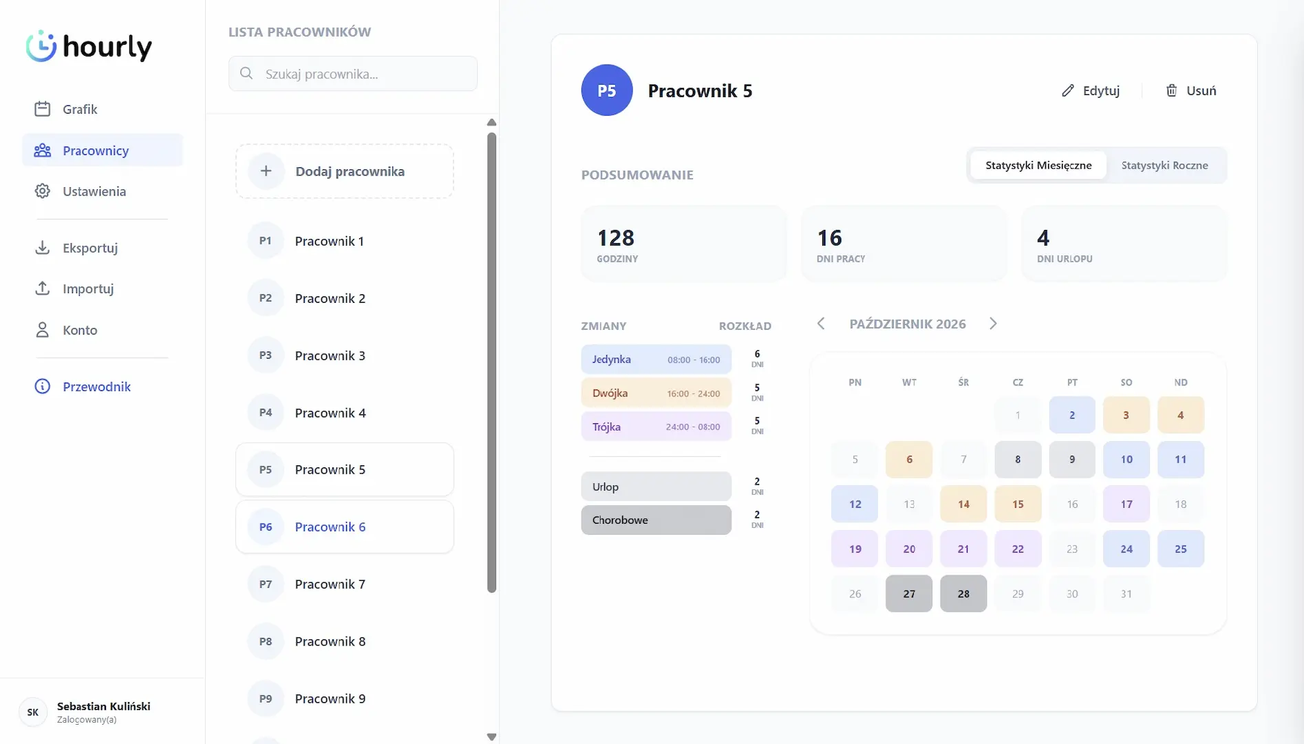 Hourly staff dashboard with statistics and a work calendar