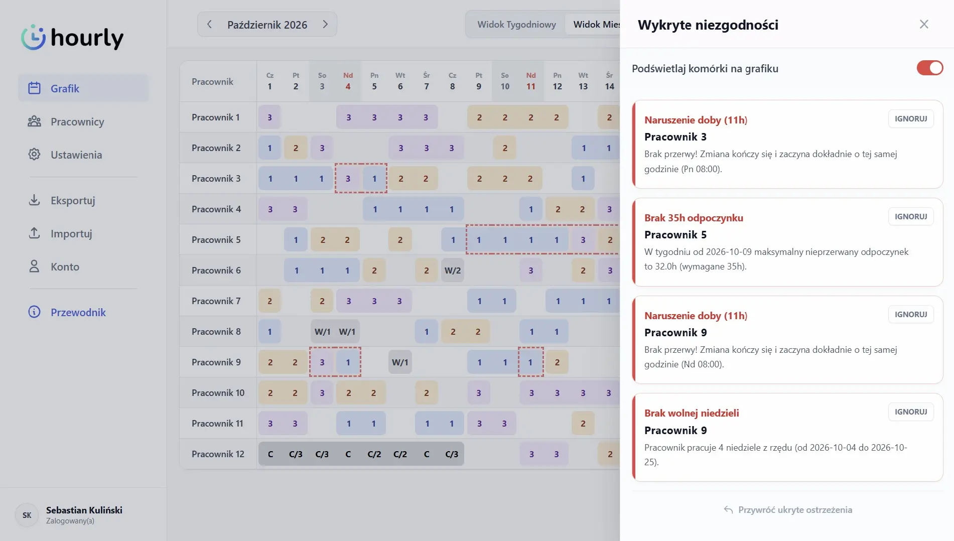 Monthly work schedule in Hourly