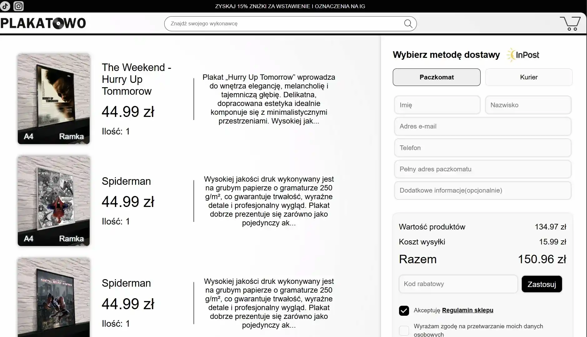 Plakatowo cart with delivery options and checkout form