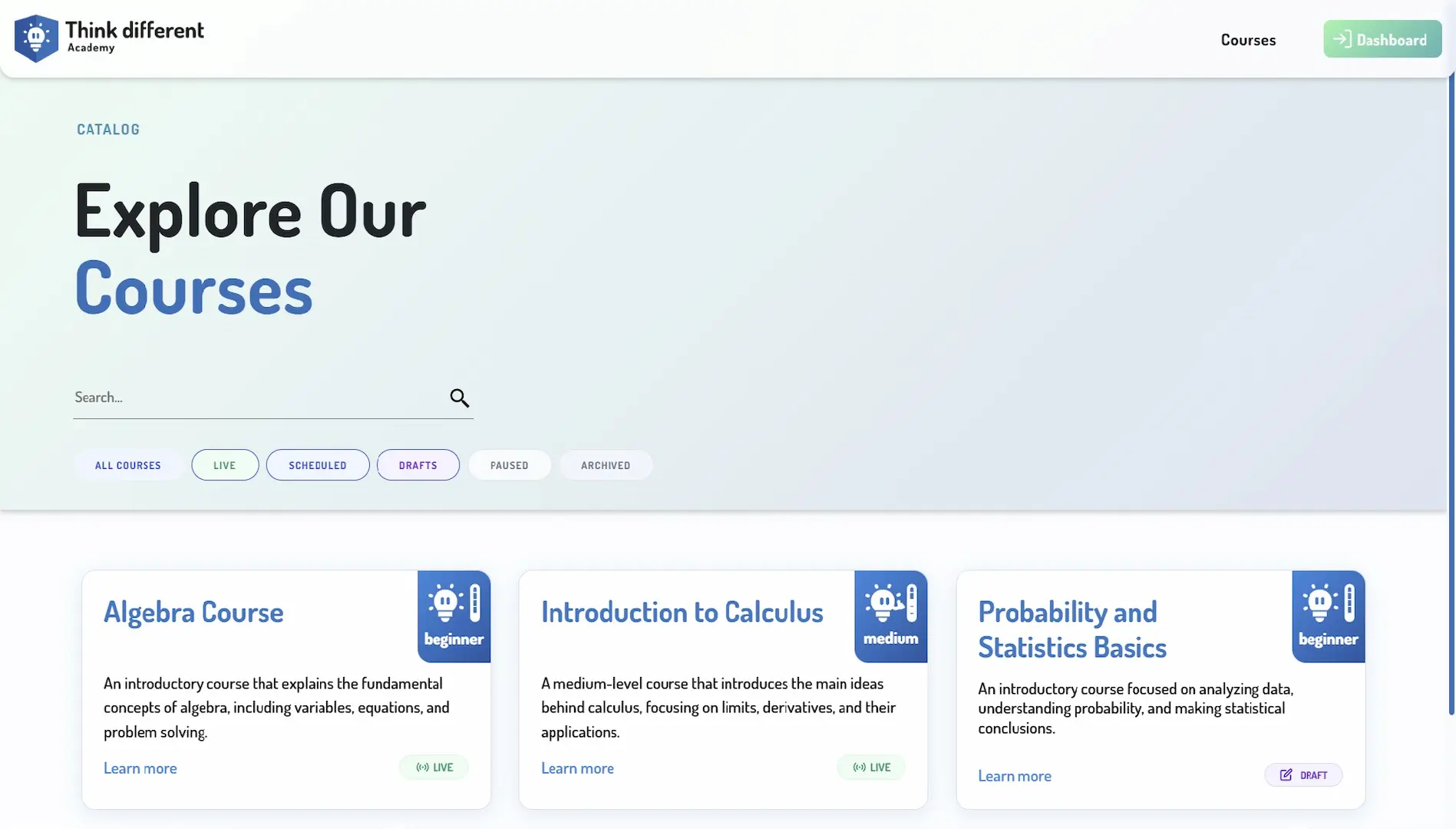 Course catalogue with search and filters in Think different Academy