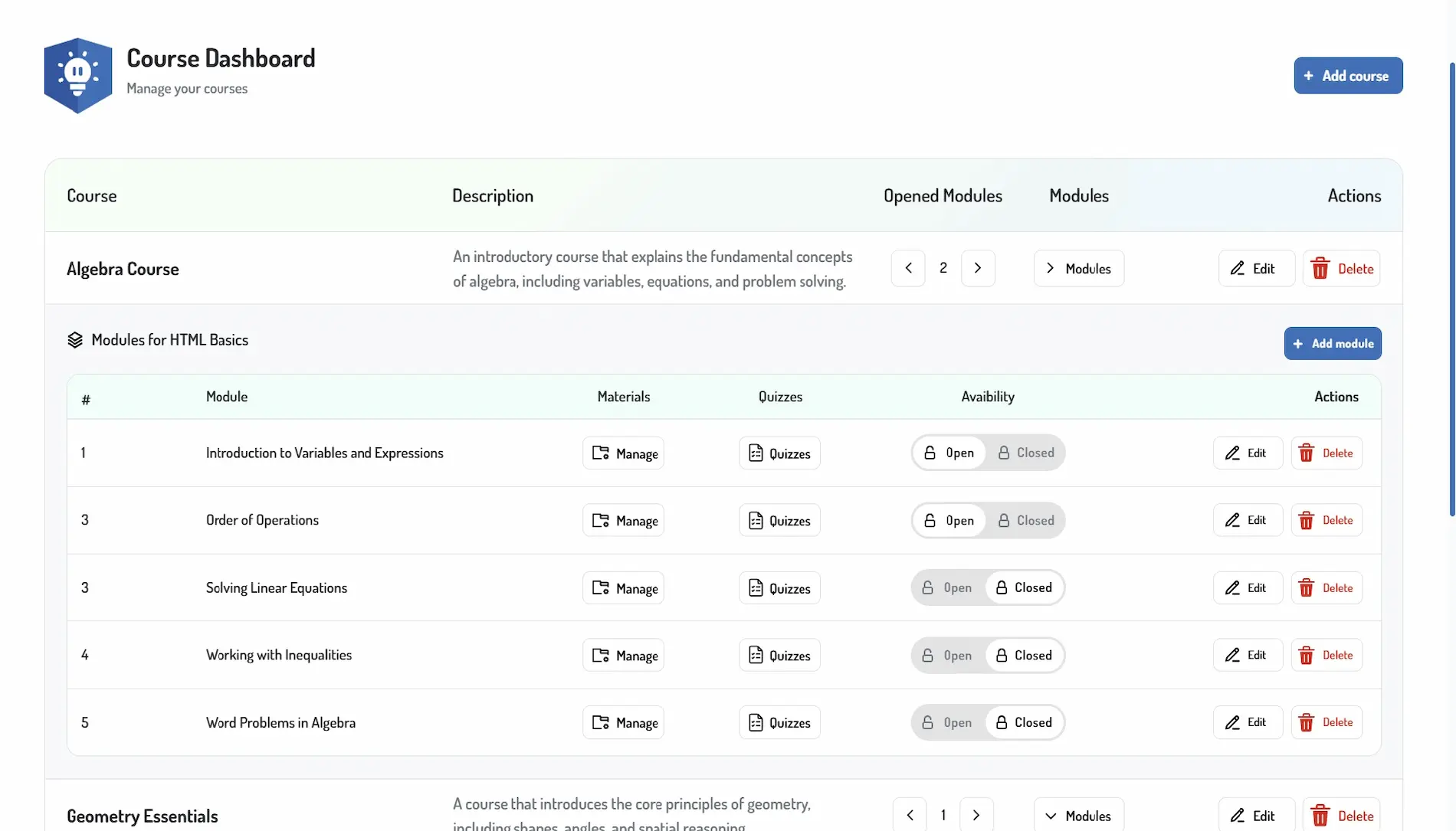 Course management dashboard in Think different Academy